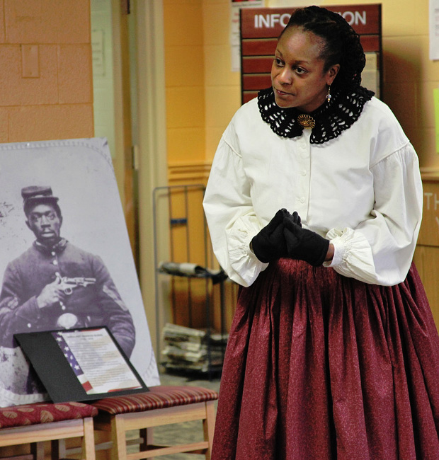 Denise Benedetto in costume as Civil War spy Mary Bowser, at Germanna Community College's Black History Month Living History event on February 11, 2012.