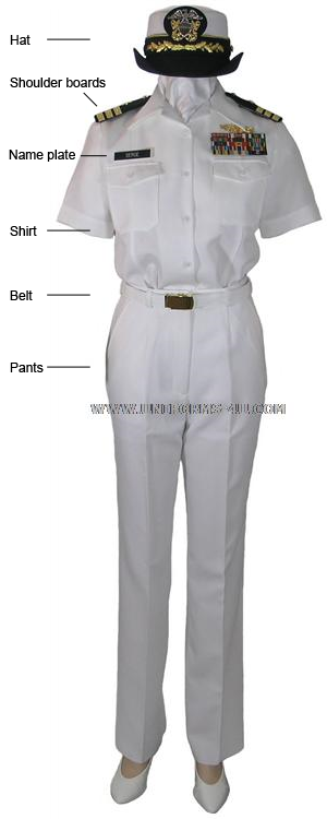 US Navy Summer White uniform for a female line officer, Commander rank.